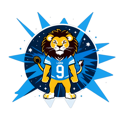 Un lion stylisé portant un maillot des Detroit Lions, entouré d'étoiles et de rayons de lumière