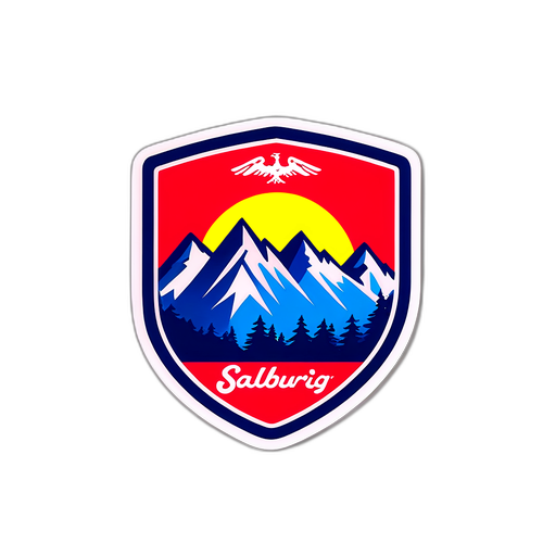 Aufkleber mit dem Logo von RB Salzburg in auffälligen Farben und mit einem Hintergrund der Alpen