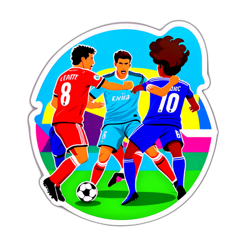 Ilustrace hráčů Levante FC a Real Madrid na fotbalovém hřišti