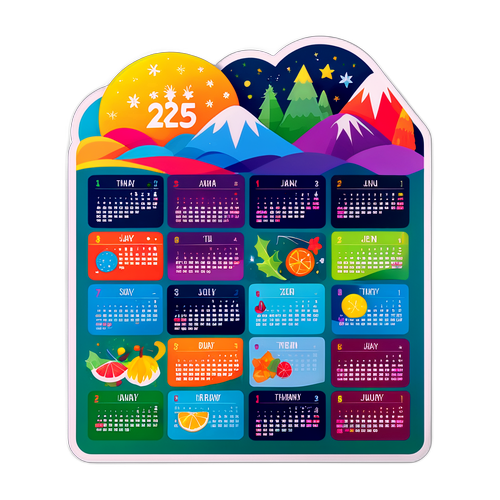 Desain Kalender 2025 Berwarna-warni dengan Ilustrasi Musim dan Hari Raya