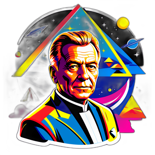 Stilizált portré Erich von Dänikenről UFO-kkal és piramisokkal a háttérben