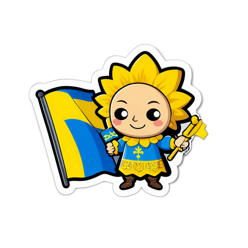 Смішний значок з персонажем у стилі стеркалки з українським прапором