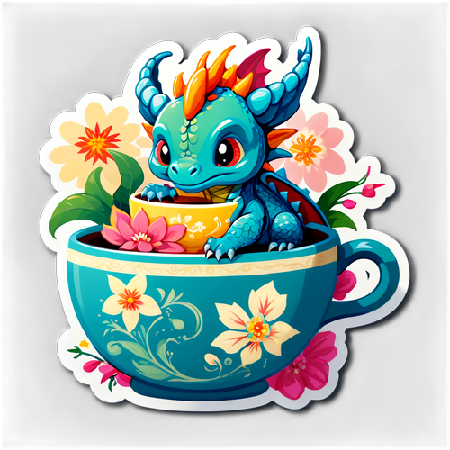 Tiny Dragon in a Floral Teacup Sticker