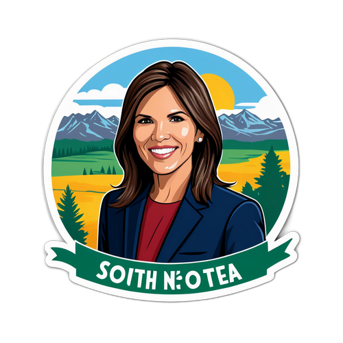 Ilustración de Kristi Noem con paisajes de Dakota del Sur y un mensaje inspirador
