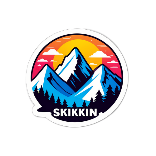 Sticker ng Skiing na may mga Bundok
