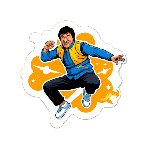 Дизайн наклейки с изображениями Джеки Чана, выполняющего акробатические трюки