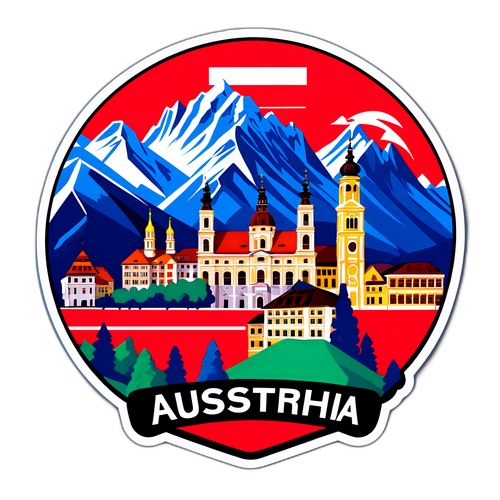 Österreich Aufkleber mit Alpen, Nationalflagge und Wiener Gebäuden