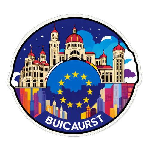 Sticker artistic cu orașul București și oamenii uniți pentru Europa