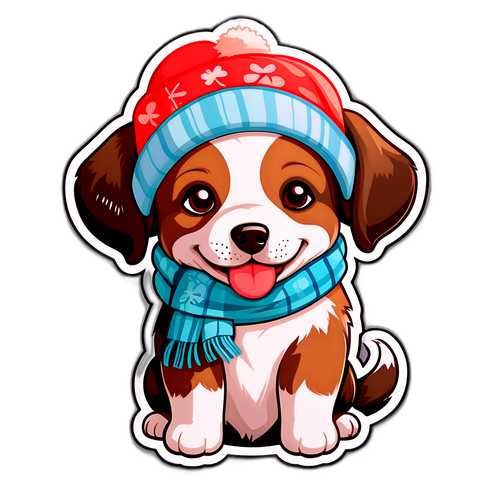 Sticker cu un cățel adorabil purtând o pălărie și o eșarfă