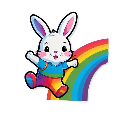 快乐跳跃的小兔子穿过彩虹