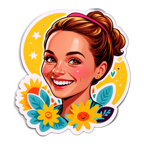 Samolepka Lucie Výborné s charakteristickým úsměvem a slunečními barvami