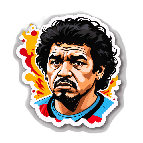 Sticker artístico de Maradona con elementos de fútbol y arte urbano