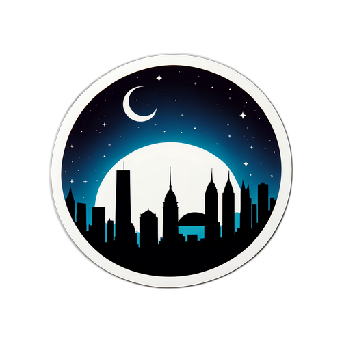 Sticker de un eclipse con la silueta de una ciudad famosa