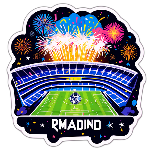 Design iconic al stadionului Real Madrid cu artificii și confetti, sărbătorind o victorie