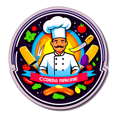 Etichetă cu un cuțit de bucătar stilizat și fundal de competiție culinară