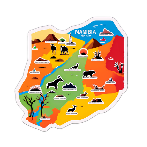 Kolorowa mapa Namibii z ilustracjami znanych atrakcji