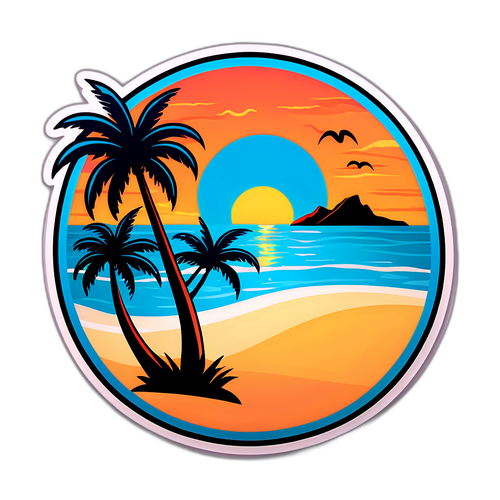 Een sticker van een tropisch strand met palmbomen, helder blauw water en een zonsondergang