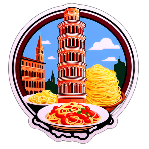 Sticker yenye mvuto ikionyesha Mnara wa Bologna na sahani za pasta, ikionesha urithi wa kupikia wa jiji