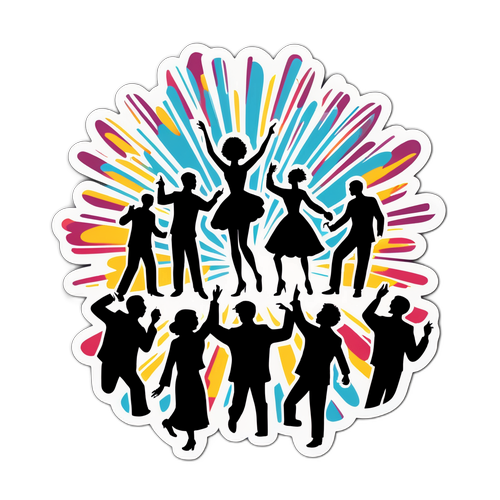 Artistieke voorstelling van een concert met silhouetten van dansende mensen