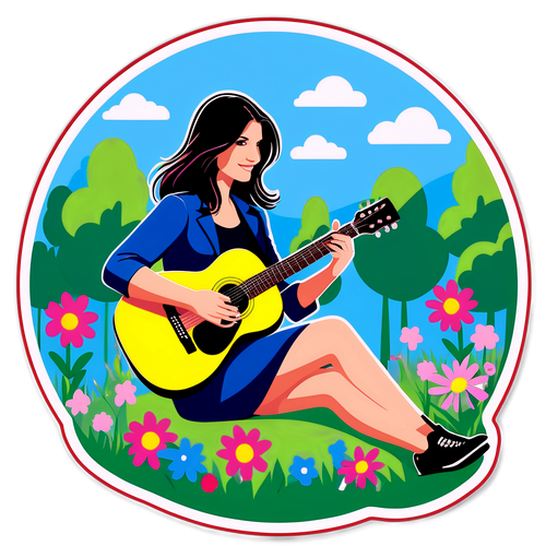 Laura Pausini met gitaar in een bloemenweide