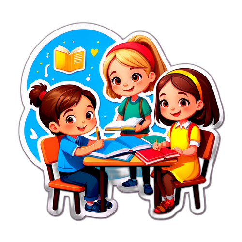 友達と一緒に勉強を楽しむキャラクターの心温まるデザイン