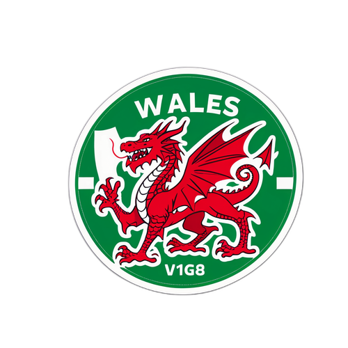 Een sticker van een Welsh draak die met een voetbal speelt