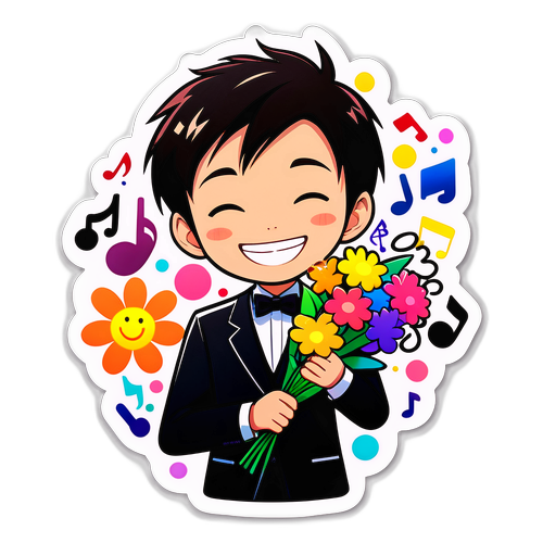 ユズル・カワイが花を持って微笑んでいるイラスト