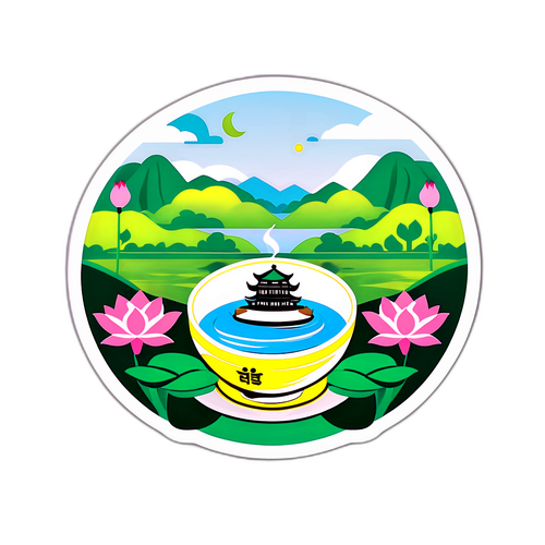 Sticker reprezentând Hanoi cu ceai de lotus și peisaj verde