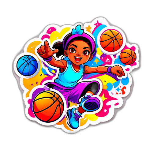 A playful sticker of Aerial Powers, depicting her in an action-packed basketball pose with vibrant colors and fun cartoon-like elements around her.