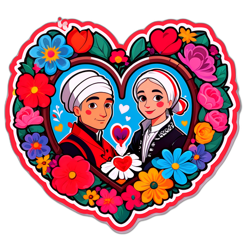 Artystyczny sticker postaci z 'M jak miłość' w sercu otoczonym kwiatami