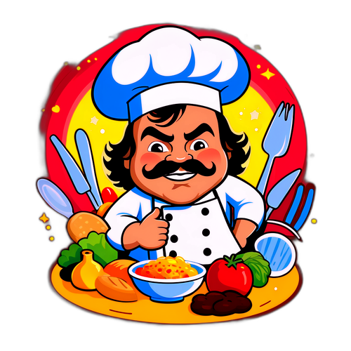 Urocza kreskówka kucharza otoczonego składnikami