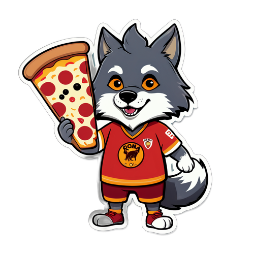 Kibandiko chenye mtindo wa Roma kinachoonyesha mbwa mwitu akivaa jezi na anakhold pizza