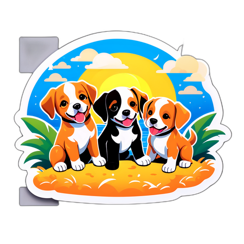楽しい夏の子犬ステッカー