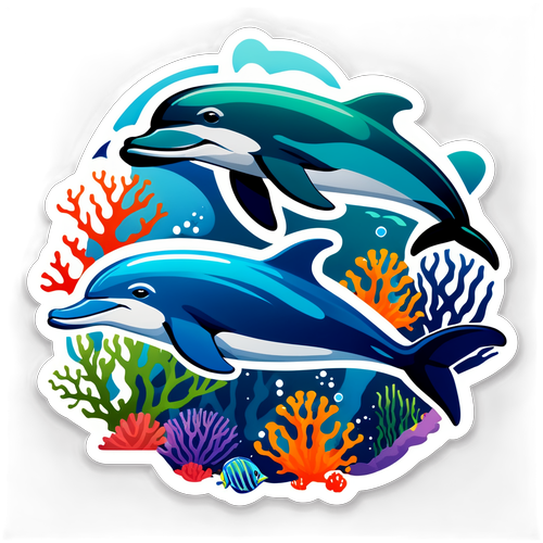海洋生物系列贴纸 - 海豚与珊瑚