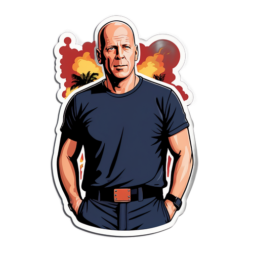 T-paita tarra Bruce Willisista ikonisessa toiminta kohtauksessa