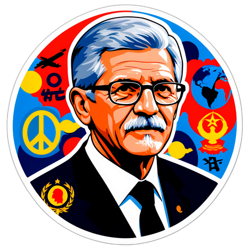 Illustration af Mogens Lykketoft med symboler for diplomati og fred
