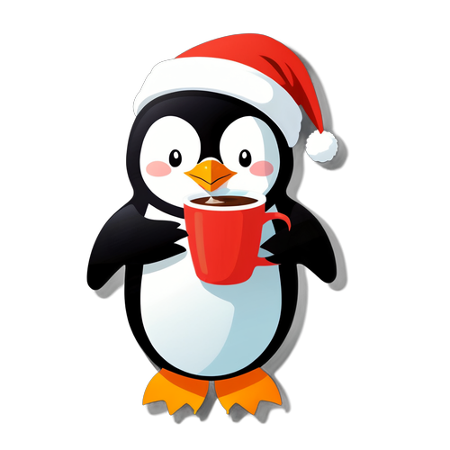 带着圣诞帽的小企鹅，手拿热可可杯