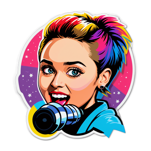 Nostalgisches Stickerdesign von Miley Cyrus in verschiedenen Musikphasen