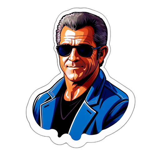 Un autocolant cu Mel Gibson purtând ochelari de soare, emanând coolness