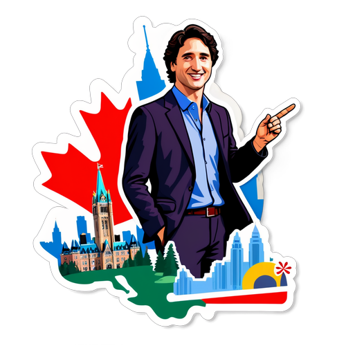 Ein Aufkleber von Justin Trudeau mit kanadischen Wahrzeichen