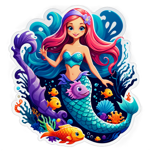 A Whimsical Mermaid with Flowing Hair and Sea Creatures