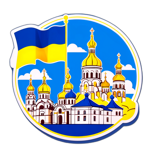 Ілюстрація Покровська з його пам'ятками на фоні жовто-блакитного прапора України