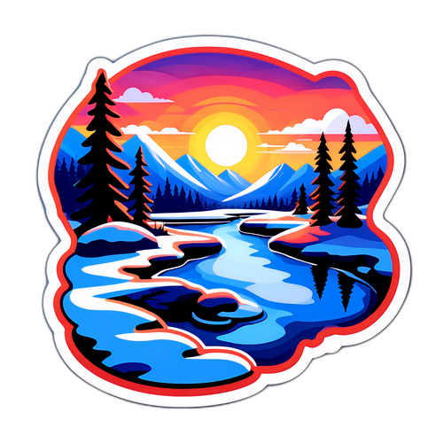 Scenisk klistremerke av Harpefoss ved solnedgang