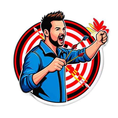 Energieke sticker van Josh Rock die darts speelt