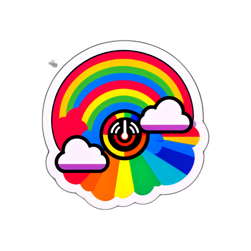 Стикер с иконкой Downdetector, окруженный элементами радуги и геймификации