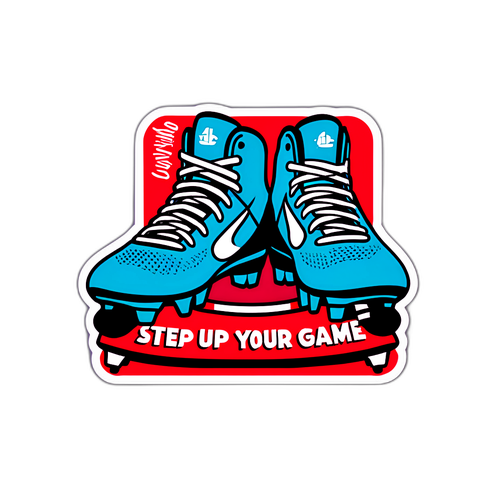 סטיקר בגוון סגנוני של נעלי כדורגל עם המשפט "שדרגו את המשחק שלכם!" woven into the shoelaces.