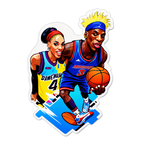 Sticker med Dennis Rodman och Trinity Rodman på en basketplan