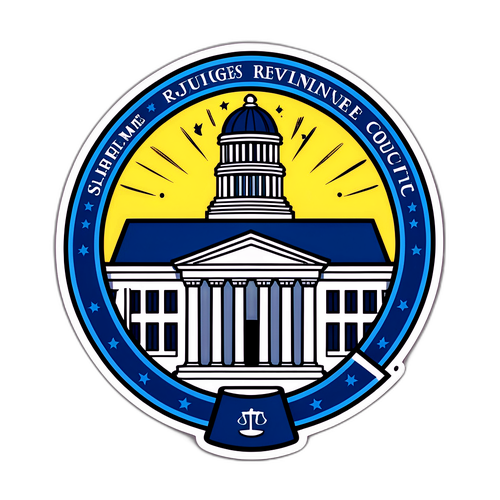最高裁判所の審査をテーマにした法のシンボルと裁判所の建物のモチーフのステッカー
