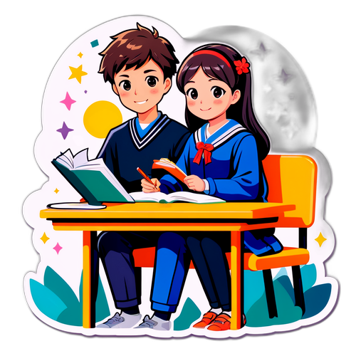 リッキョウ大学で一緒に勉強している若いカップルのイラスト