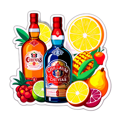 Grafika różnych rodzajów tequili Chivas z dodatkowymi plasterkami tropikalnych owoców